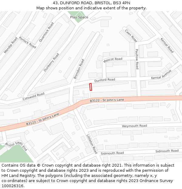 43, DUNFORD ROAD, BRISTOL, BS3 4PN: Location map and indicative extent of plot