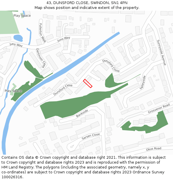 43, DUNSFORD CLOSE, SWINDON, SN1 4PN: Location map and indicative extent of plot