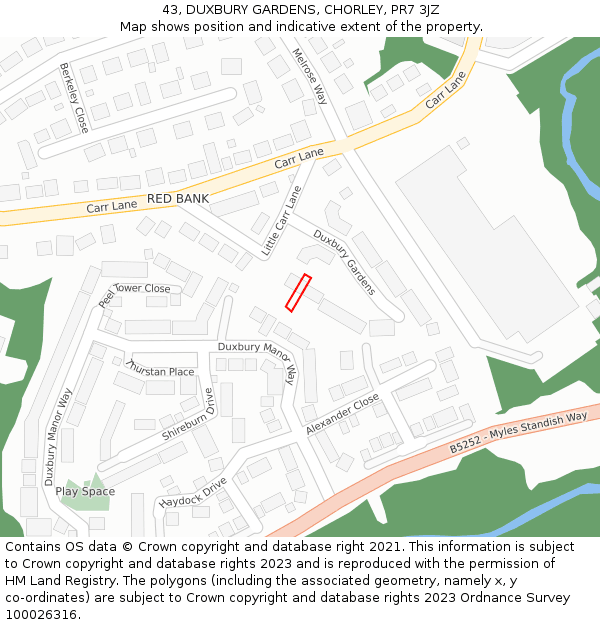 43, DUXBURY GARDENS, CHORLEY, PR7 3JZ: Location map and indicative extent of plot