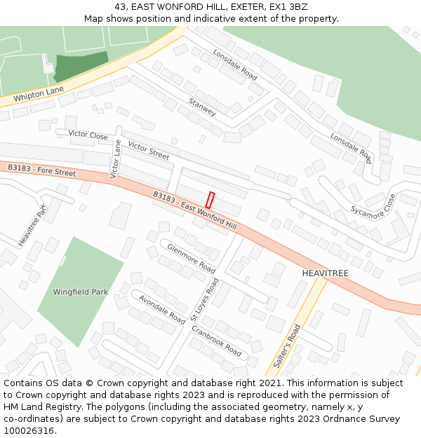 43, EAST WONFORD HILL, EXETER, EX1 3BZ: Location map and indicative extent of plot