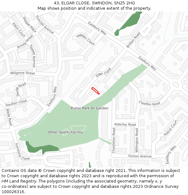 43, ELGAR CLOSE, SWINDON, SN25 2HG: Location map and indicative extent of plot