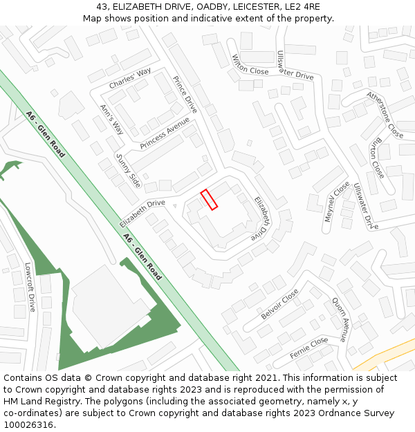 43, ELIZABETH DRIVE, OADBY, LEICESTER, LE2 4RE: Location map and indicative extent of plot