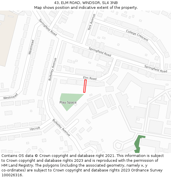 43, ELM ROAD, WINDSOR, SL4 3NB: Location map and indicative extent of plot