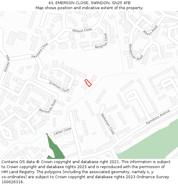 43, EMERSON CLOSE, SWINDON, SN25 4FB: Location map and indicative extent of plot