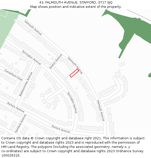 43, FALMOUTH AVENUE, STAFFORD, ST17 0JQ: Location map and indicative extent of plot