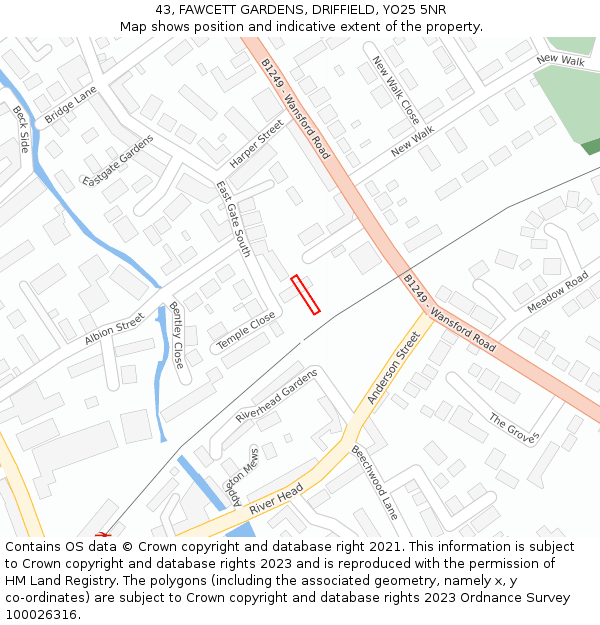 43, FAWCETT GARDENS, DRIFFIELD, YO25 5NR: Location map and indicative extent of plot