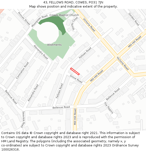 43, FELLOWS ROAD, COWES, PO31 7JN: Location map and indicative extent of plot