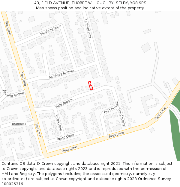 43, FIELD AVENUE, THORPE WILLOUGHBY, SELBY, YO8 9PS: Location map and indicative extent of plot
