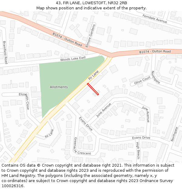 43, FIR LANE, LOWESTOFT, NR32 2RB: Location map and indicative extent of plot