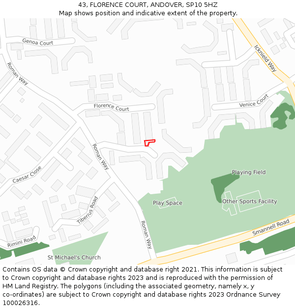 43, FLORENCE COURT, ANDOVER, SP10 5HZ: Location map and indicative extent of plot