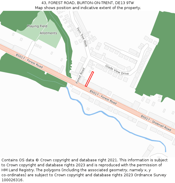 43, FOREST ROAD, BURTON-ON-TRENT, DE13 9TW: Location map and indicative extent of plot