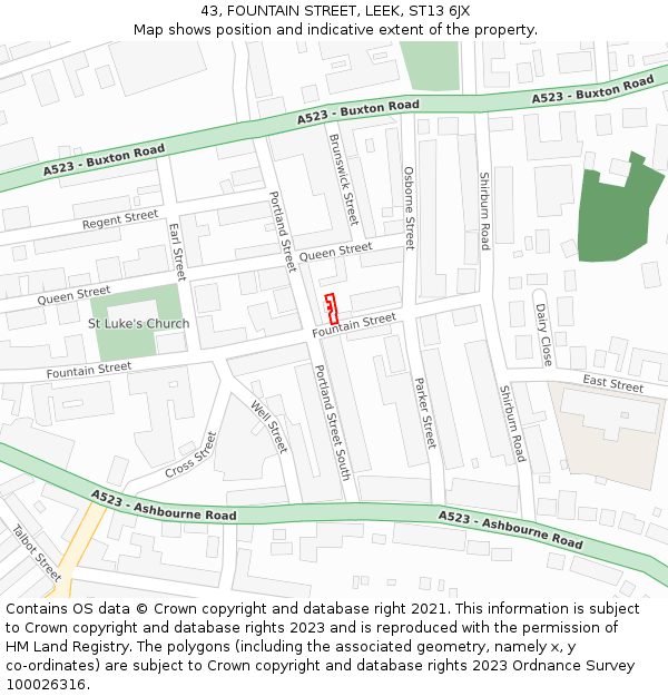 43, FOUNTAIN STREET, LEEK, ST13 6JX: Location map and indicative extent of plot
