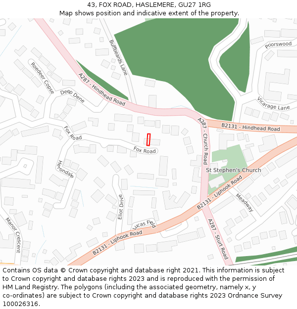 43, FOX ROAD, HASLEMERE, GU27 1RG: Location map and indicative extent of plot