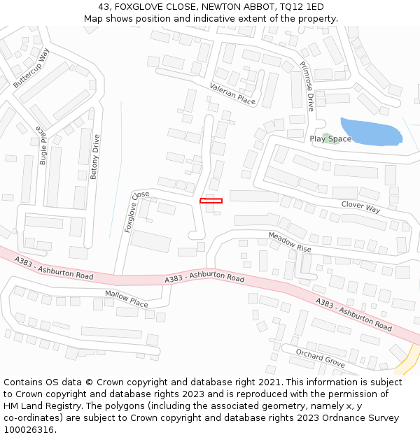 43, FOXGLOVE CLOSE, NEWTON ABBOT, TQ12 1ED: Location map and indicative extent of plot