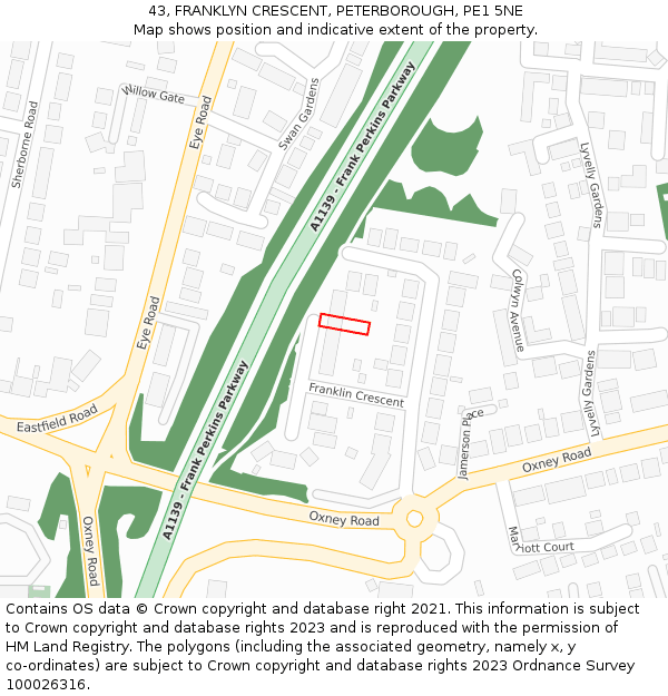 43, FRANKLYN CRESCENT, PETERBOROUGH, PE1 5NE: Location map and indicative extent of plot