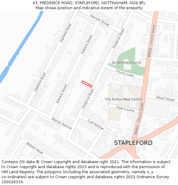 43, FREDERICK ROAD, STAPLEFORD, NOTTINGHAM, NG9 8FL: Location map and indicative extent of plot
