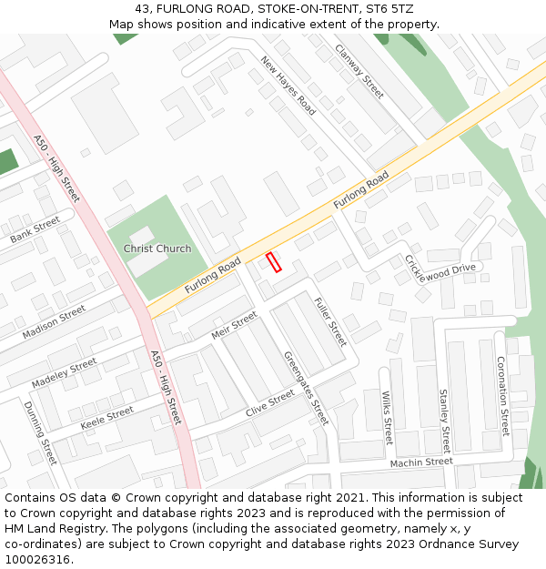 43, FURLONG ROAD, STOKE-ON-TRENT, ST6 5TZ: Location map and indicative extent of plot