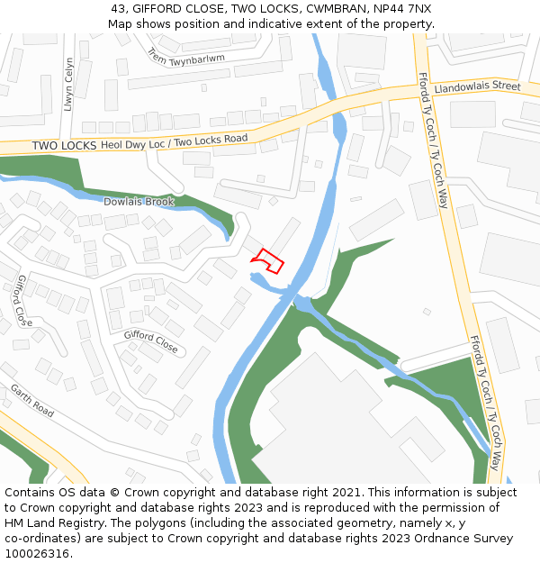 43, GIFFORD CLOSE, TWO LOCKS, CWMBRAN, NP44 7NX: Location map and indicative extent of plot