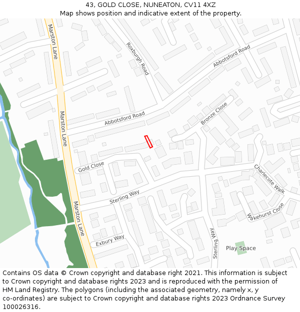 43, GOLD CLOSE, NUNEATON, CV11 4XZ: Location map and indicative extent of plot