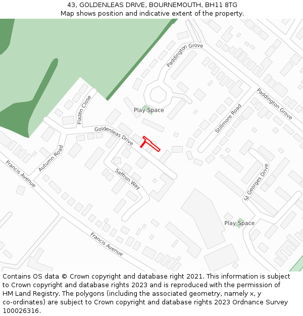 43, GOLDENLEAS DRIVE, BOURNEMOUTH, BH11 8TG: Location map and indicative extent of plot
