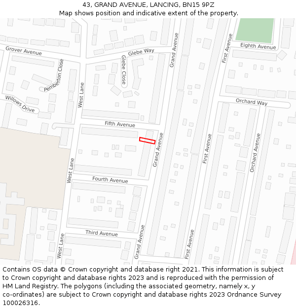 43, GRAND AVENUE, LANCING, BN15 9PZ: Location map and indicative extent of plot