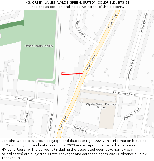 43, GREEN LANES, WYLDE GREEN, SUTTON COLDFIELD, B73 5JJ: Location map and indicative extent of plot