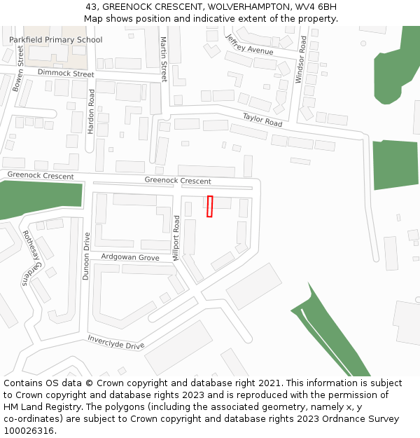 43, GREENOCK CRESCENT, WOLVERHAMPTON, WV4 6BH: Location map and indicative extent of plot