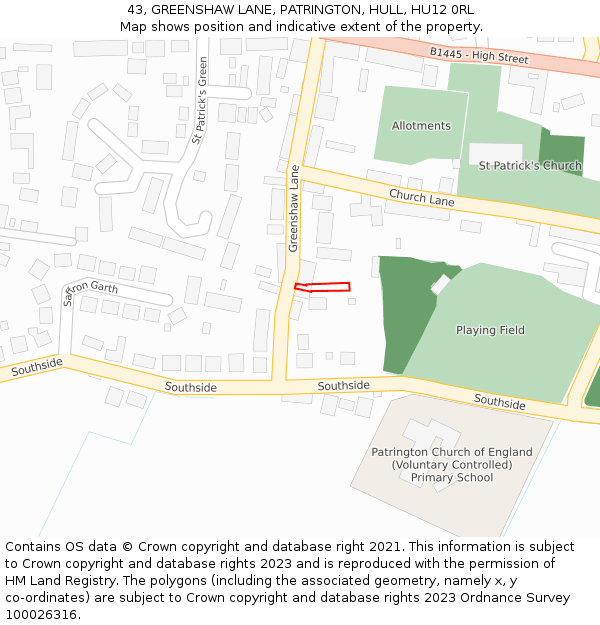 43, GREENSHAW LANE, PATRINGTON, HULL, HU12 0RL: Location map and indicative extent of plot
