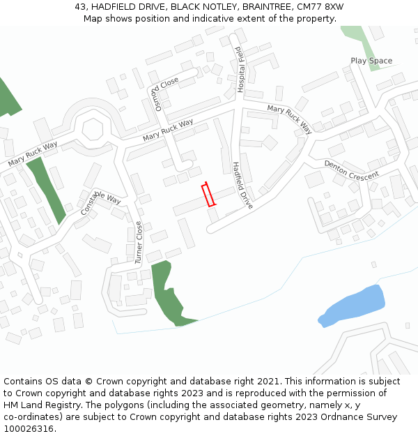 43, HADFIELD DRIVE, BLACK NOTLEY, BRAINTREE, CM77 8XW: Location map and indicative extent of plot