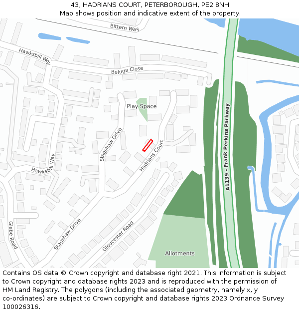 43, HADRIANS COURT, PETERBOROUGH, PE2 8NH: Location map and indicative extent of plot