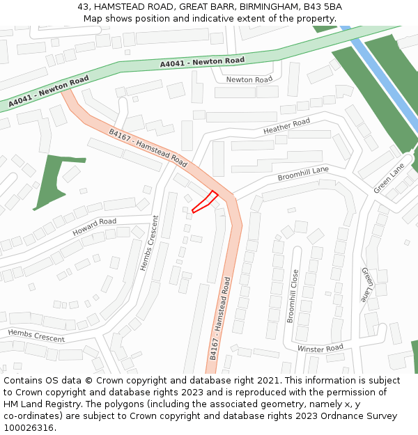 43, HAMSTEAD ROAD, GREAT BARR, BIRMINGHAM, B43 5BA: Location map and indicative extent of plot