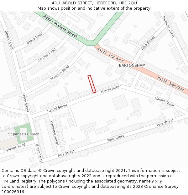 43, HAROLD STREET, HEREFORD, HR1 2QU: Location map and indicative extent of plot