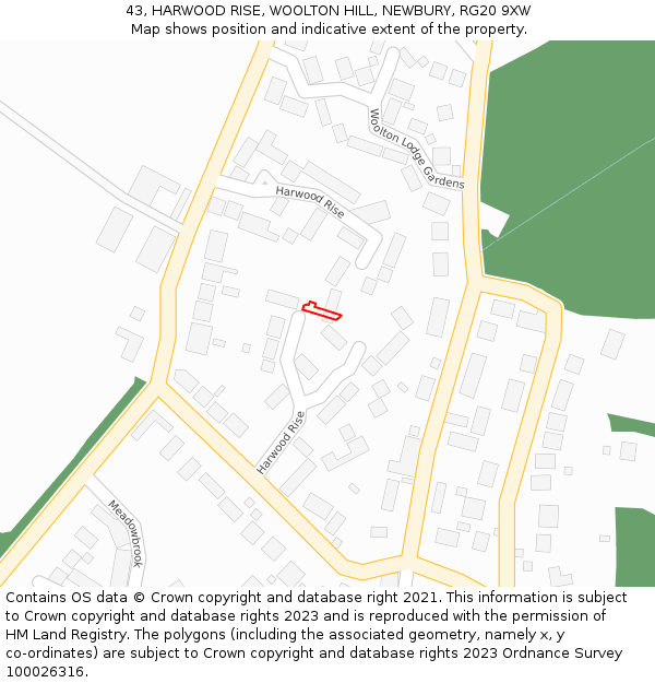 43, HARWOOD RISE, WOOLTON HILL, NEWBURY, RG20 9XW: Location map and indicative extent of plot