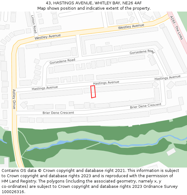 43, HASTINGS AVENUE, WHITLEY BAY, NE26 4AF: Location map and indicative extent of plot