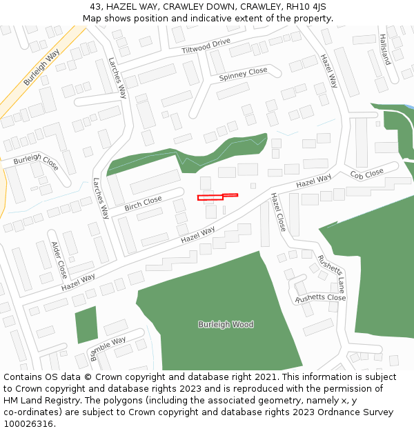 43, HAZEL WAY, CRAWLEY DOWN, CRAWLEY, RH10 4JS: Location map and indicative extent of plot
