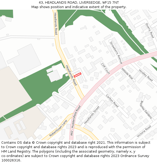 43, HEADLANDS ROAD, LIVERSEDGE, WF15 7NT: Location map and indicative extent of plot