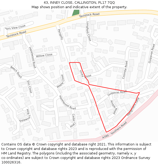 43, INNEY CLOSE, CALLINGTON, PL17 7QQ: Location map and indicative extent of plot