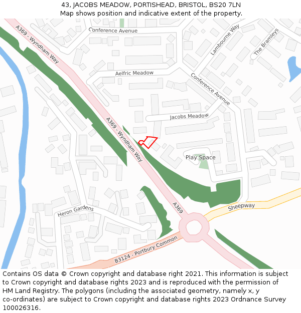 43, JACOBS MEADOW, PORTISHEAD, BRISTOL, BS20 7LN: Location map and indicative extent of plot