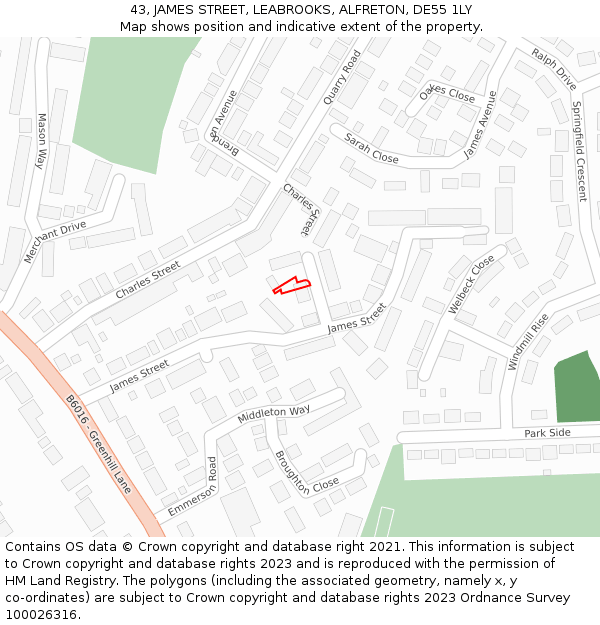43, JAMES STREET, LEABROOKS, ALFRETON, DE55 1LY: Location map and indicative extent of plot