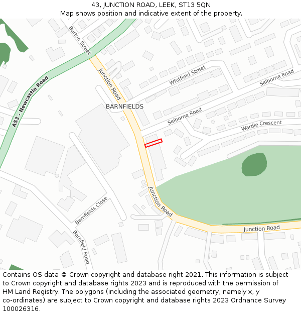 43, JUNCTION ROAD, LEEK, ST13 5QN: Location map and indicative extent of plot