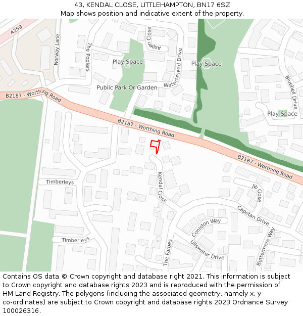 43, KENDAL CLOSE, LITTLEHAMPTON, BN17 6SZ: Location map and indicative extent of plot