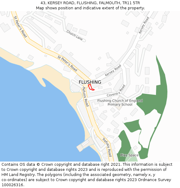 43, KERSEY ROAD, FLUSHING, FALMOUTH, TR11 5TR: Location map and indicative extent of plot