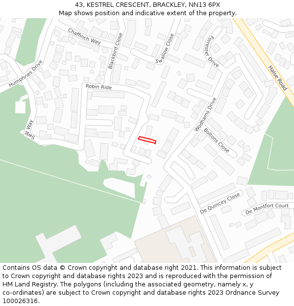 43, KESTREL CRESCENT, BRACKLEY, NN13 6PX: Location map and indicative extent of plot