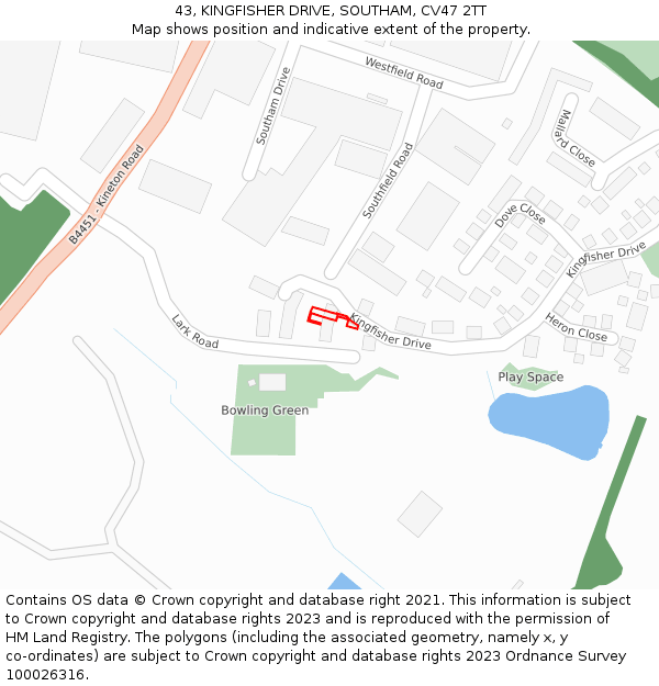 43, KINGFISHER DRIVE, SOUTHAM, CV47 2TT: Location map and indicative extent of plot
