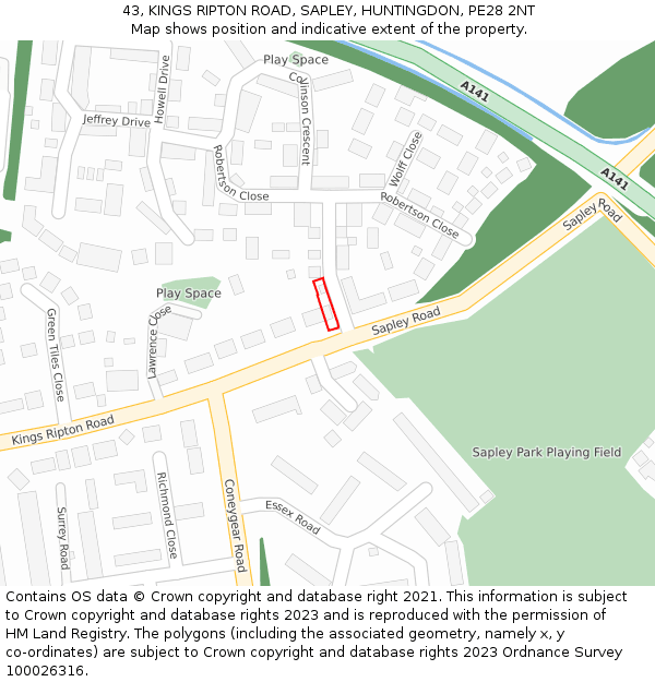43, KINGS RIPTON ROAD, SAPLEY, HUNTINGDON, PE28 2NT: Location map and indicative extent of plot