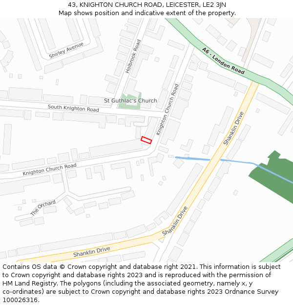 43, KNIGHTON CHURCH ROAD, LEICESTER, LE2 3JN: Location map and indicative extent of plot