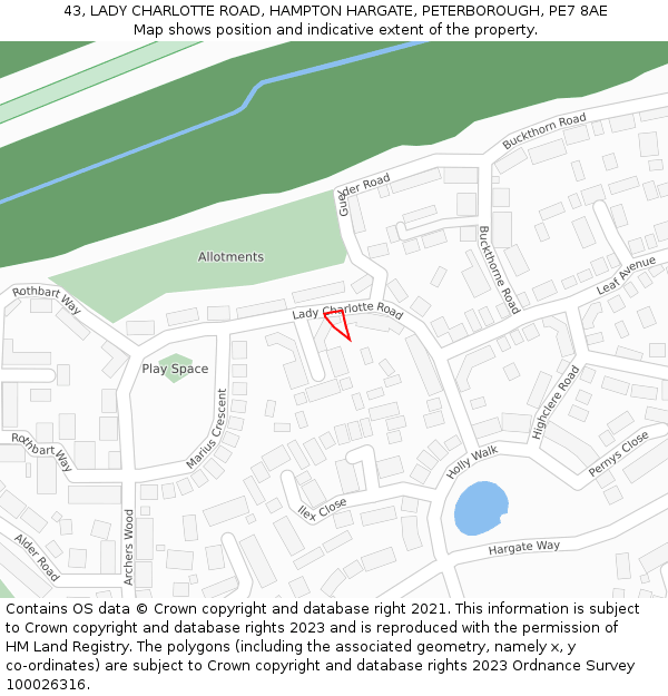 43, LADY CHARLOTTE ROAD, HAMPTON HARGATE, PETERBOROUGH, PE7 8AE: Location map and indicative extent of plot