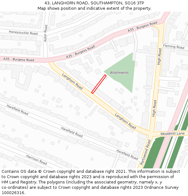 43, LANGHORN ROAD, SOUTHAMPTON, SO16 3TP: Location map and indicative extent of plot