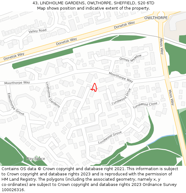 43, LINDHOLME GARDENS, OWLTHORPE, SHEFFIELD, S20 6TD: Location map and indicative extent of plot