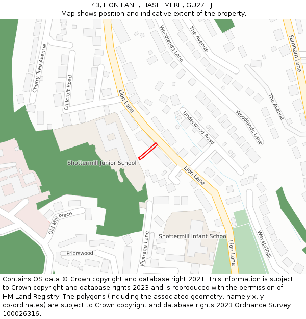 43, LION LANE, HASLEMERE, GU27 1JF: Location map and indicative extent of plot